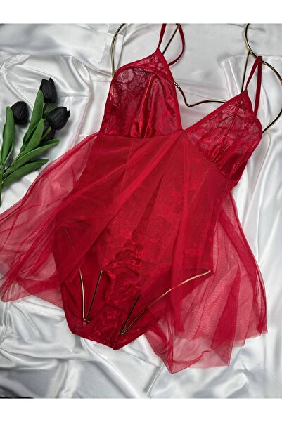 ROZENİN LINGERIE Kırmızı Dantel Tül Detaylı Çıtçılı Transparan Bodysuit