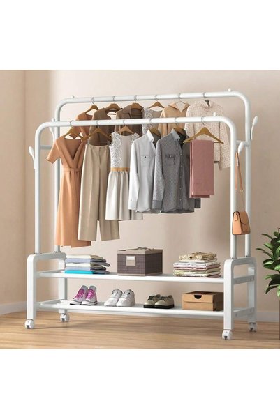 RahaShop Clothes Rack with Double Rods,Metal Clothes Hanger with Wheels, White