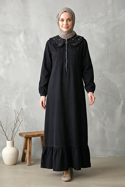 FERHEL Γυναικείο φόρεμα με γιακά κούκλας, μισό φερμουάρ, με λεπτομέρεια από π...