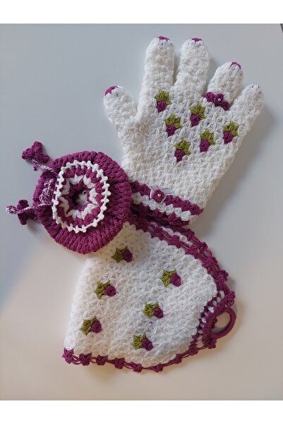 dogohandmade El Yapımı Uzun-Eldiven-Tesbihlik Üçlü Set Banyo Lifi-Gelin Çeyiz...