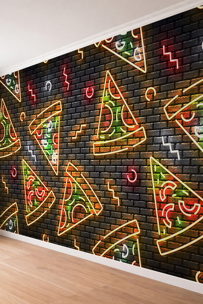 dreamwall Tuğla Duvar Üzerine Neon Pizza Dilimi Desenli Tekstil Duvar Kağıdı