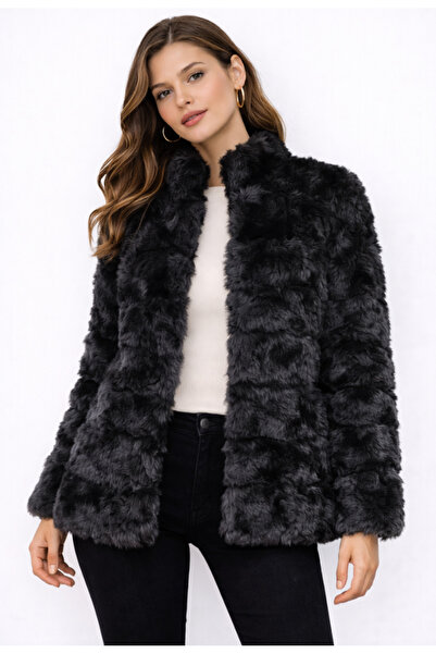 Nobrand Μαύρο μπουφάν από απομίμηση γούνας με κοντό γιακά χωρίς τσέπες, ίσια ...