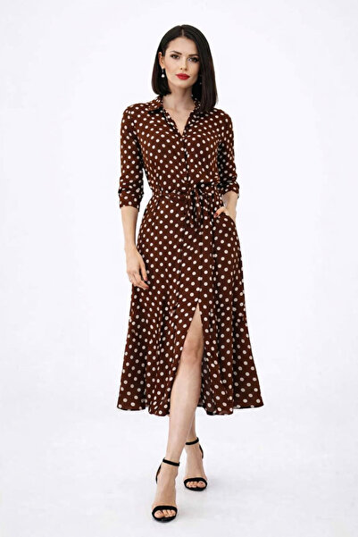 Kureyzibies Γυναικείο πουά πουκάμισο με γιακά και ζώνη, μίντι φόρεμα με σκίσιμο