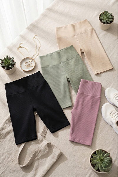 Loule Women's 4-Piece High Waist Ribbed Biker & Sports Shorts Leggings - Fitn...