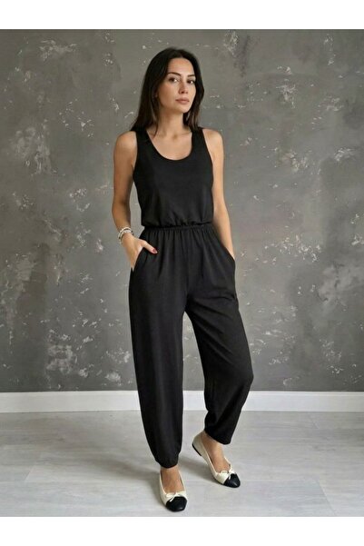 Simala Women's Strappy Round Neck Viscose Jumpsuit with Pockets