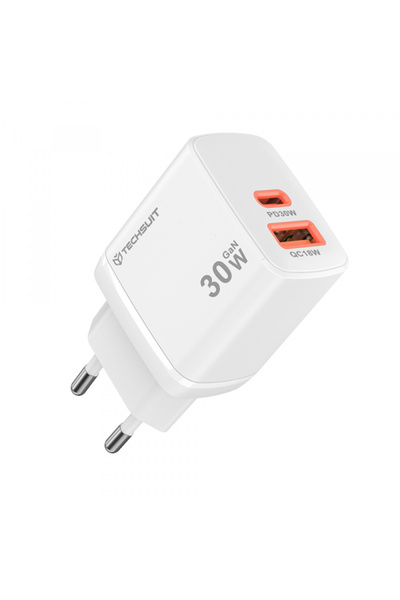 Techsuit Duonix Ch1 Τροφοδοτικό, 30W, 3A, 1 X USB-A - 1 X USB-C, Λευκό