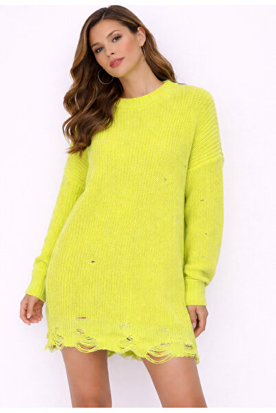 Nobrand Oversized neon sweater dress with decorative rips, soft knit, one siz...