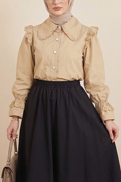 Modamorfo Φούστα με ελαστική μέση, τσέπες και λεπτομέρεια ραφής - μαύρη