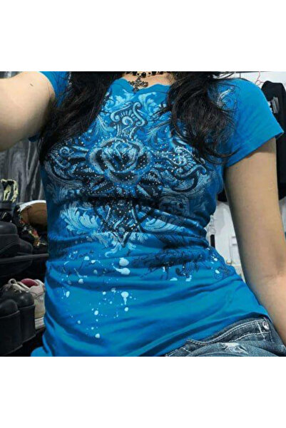 Genel Markalar Mavi Gothic Rose Harajuku Y2K kısa Kollu Bluz