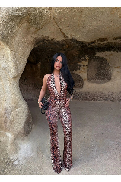 kırmızı butiks Ολόσωμη φόρμα με λεοπάρ λεπτομέρειες στο λαιμό