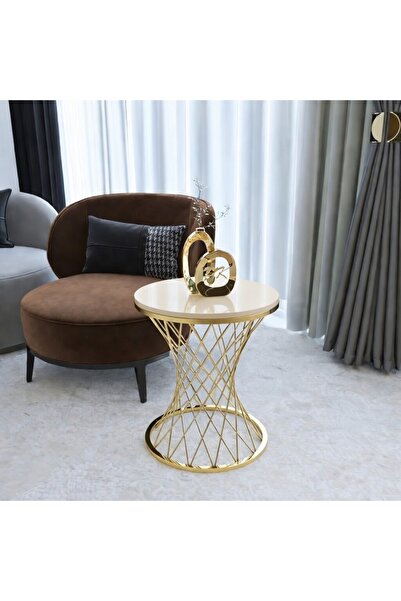 Puklife Tekli Hasır Yan Sehpa, Gold Ayak Parlak Krem Yüzey Mdf