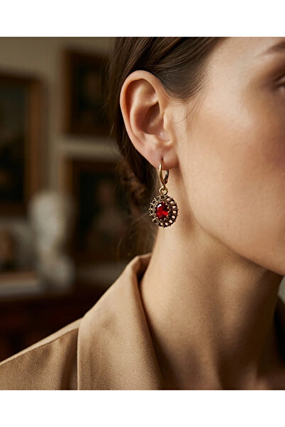 Dorvina Bronze Earrings Authentic Jewelry Red Ruby Crystal Stone Oval Lace Mo...