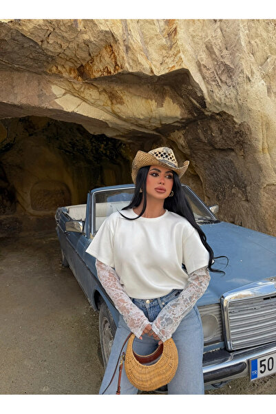 kırmızı butiks Μπλουζάκι με λευκά μανίκια και δαντέλα Modal