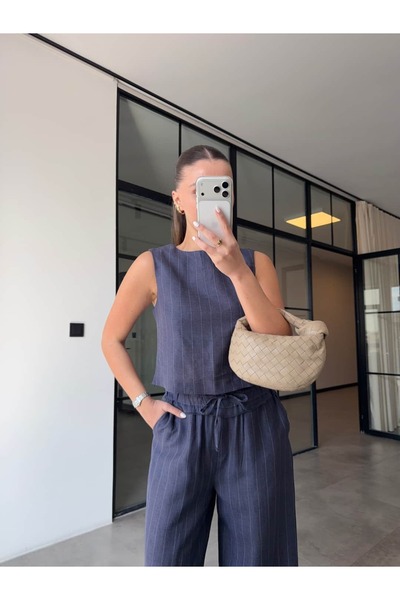 BB Bensu Buyruk ΡΙΓΕΤΕΣ ΠΑΝΤΕΛΟΝΙΑ ΚΑΙ ΓΙΛΕΚΟ ΛΙΝΟ ΣΕΤ ΣΚΟΥΡΟ ΜΠΛΕ