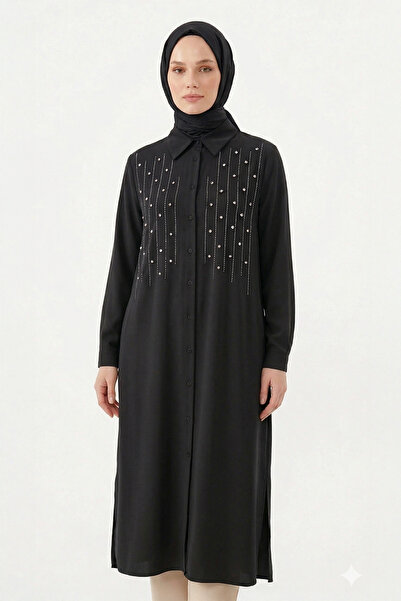 Lale Butik Levidor Striped Front Stoned Tunic Shirt 210144 Black