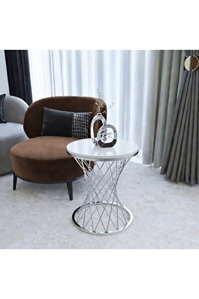 Puklife Tekli Hasır Yan Sehpa, Gümüş Ayak Krem Parlak Yüzey MDf