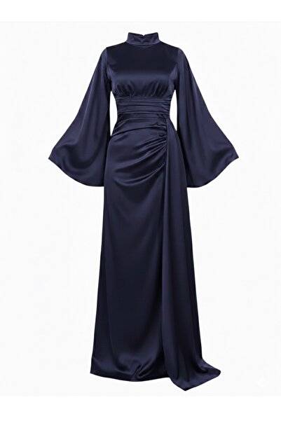 Tarzım Tuba Zara Σατέν Φόρεμα Τεσεττούρ με ντραπέ μακρύ βραδινό φόρεμα με ψηλ...