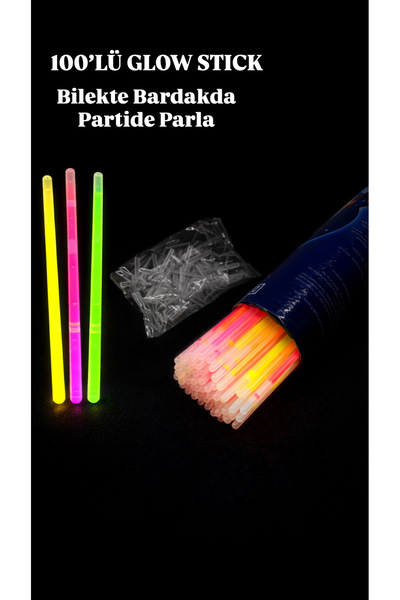 PARTİPORT İnce Glow Stick Işıklı Çubuk 100 Adet Bileklik Bardak Süsü Neon Par...