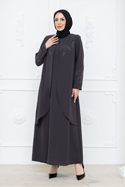 KMKkombin rochie de seară cu guler și mâneci mari, cu incrustații de pietre s...