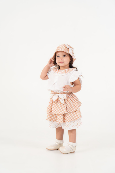 JNF kids Baby Girl Plaid Patterned Skirt Lookalike Shorts Set with Hat as a Gift
