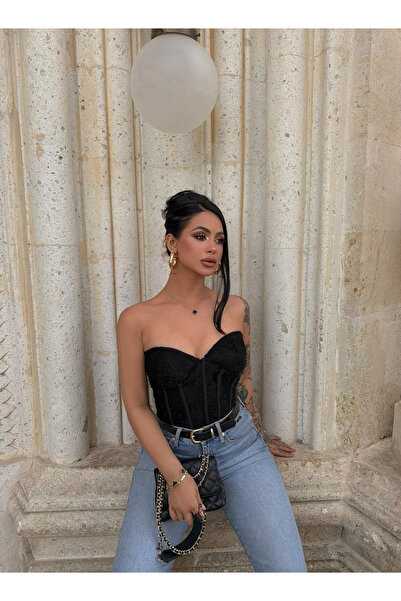 kırmızı butiks Μαύρος κορσές χωρίς τιράντες με ενσωματωμένη υποστήριξη