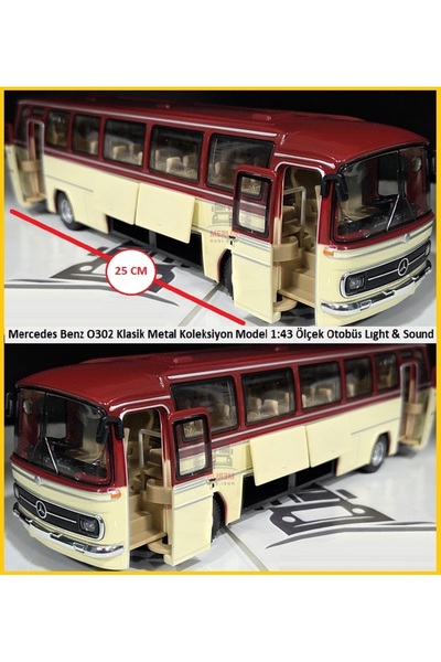 OYUNCAKSAHİLİ Mercedes Benz O302 Model 25cm Metal Koleksiyon Model Klasik Nostalji Orjnal Otobüs Kapıları Bagajı Açılır Işıklı Ses Efektli