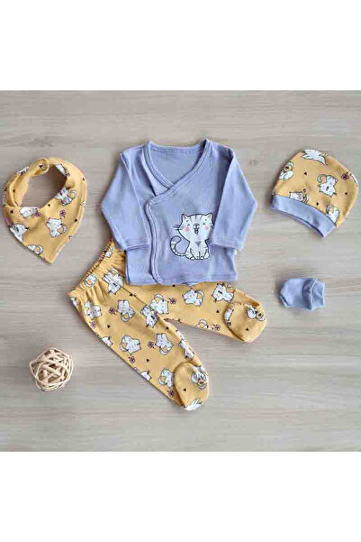 Orlandokids Set 5 piese pisicuta galben cu mov nou nascuti bumbac