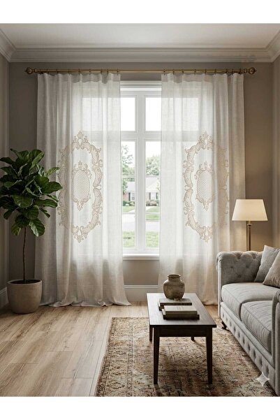CASA NATURALE Linen Look Embroidered Panel Curtain with Embroidery Process in...