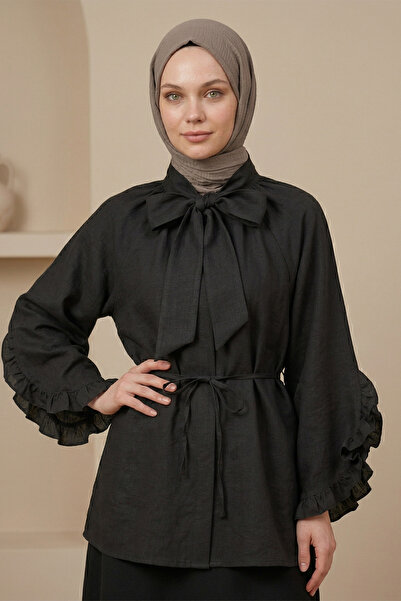 FERHEL Hijab Collar Ribbon Sleeve Ruffle Waist Tie Tunic