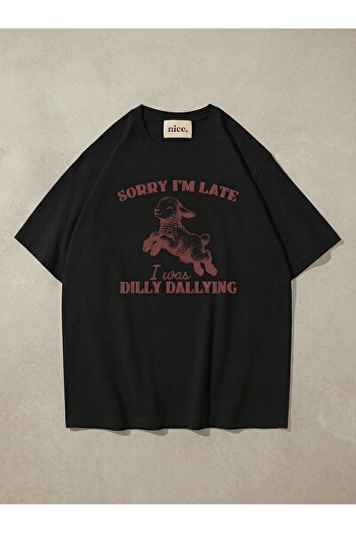 NİCE Ουνισέξ Μπλουζάκι  "Συγγνώμη που άργησα " Μαύρο