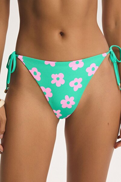 ESOTIQ BLOOVII Side Tie Bikini Bottom Briefs Two-Sided Pink & Green Flowers P...