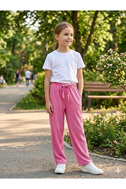 ÇALIŞKAN MODA BELİ LASTİKLİ BÜRÜMCÜK REGULAR KESİM YAZLIK KIZ ÇOCUK PANTOLON