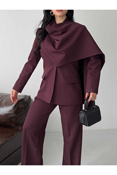 MYGİYİMİSTANBUL Elegant and Wide-Leg Pants with a Draped Shawl Detail on the Blazer Jacket.
