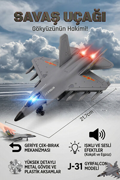 craftivio J-31 Gyrfalcon Işıklı Sesli Metal Savaş Uçağı - Geriye Çek Bırak Mo...