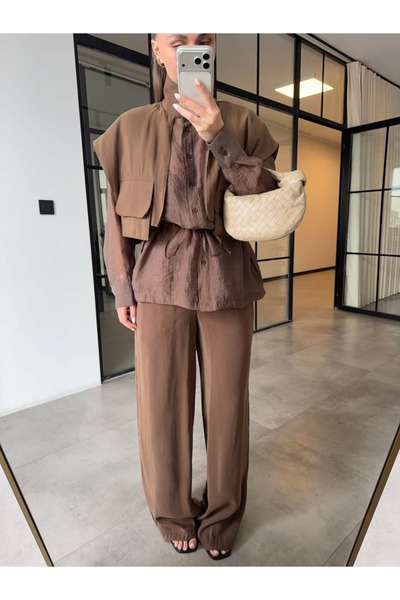 BB Bensu Buyruk Transparent Garni Shirt and Pants Set Brown