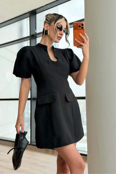 Lijuri Κομψό Μίνι Φόρεμα με Μανίκια Μπαλόνια και Διακοσμητικές Τσέπες 2042