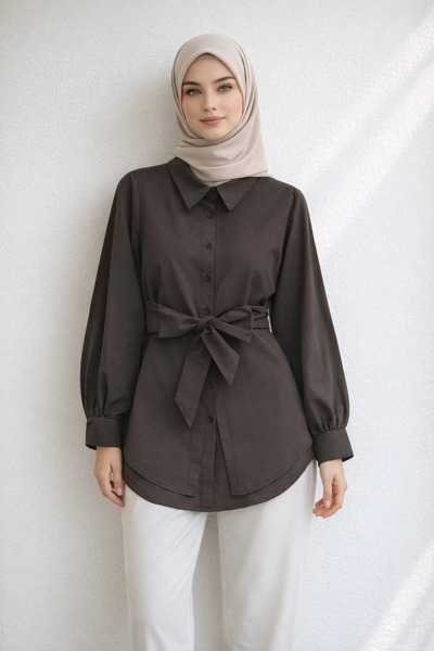 Kirazgym Ποπλίνα Τουνίκ Χαλαρό με Αυτοσχέδια Ζώνη - Καφέ