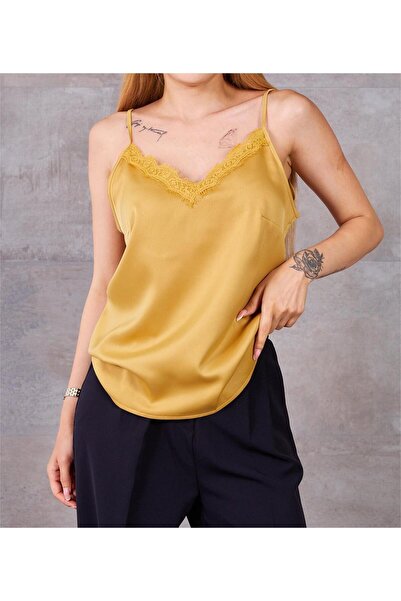 ZY BUTİK Mustard Lace Detailed Satin Strap Blouse