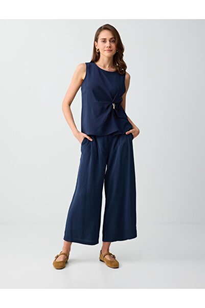 Navy Blue High Waist Wide Leg Short Basic Woven Pants