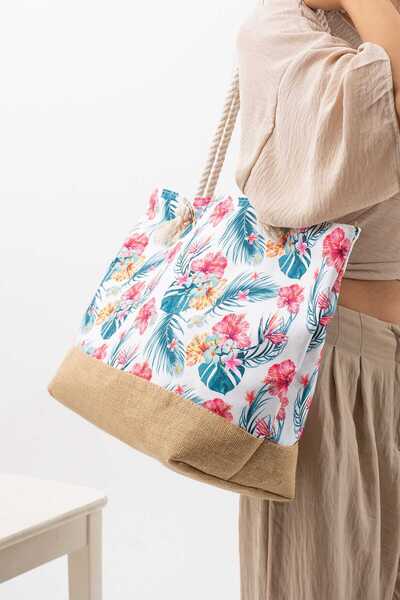 Meryem Çanta Women's Patterned Beach Bag with Knitted Handle and Lining