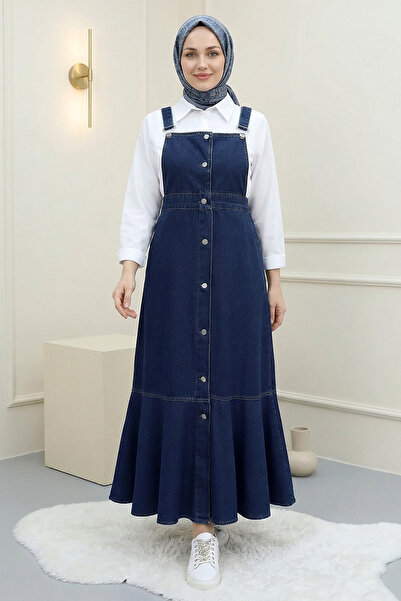 FERHEL Women's Buttoned Skirt with Ruffles and Gilet Dress - Navy Blue