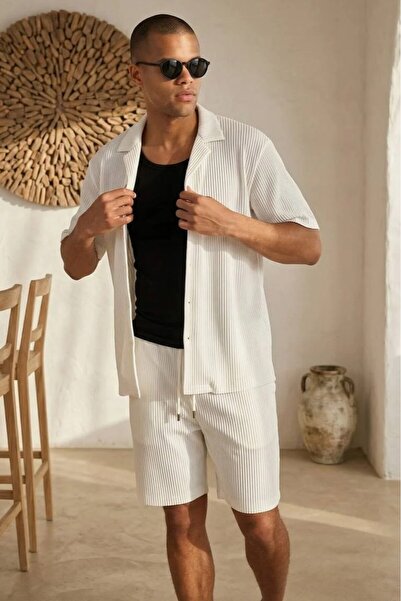 MADZEYMODA Ανδρικό κοντομάνικο πουκάμισο και σορτς με κορδόνια, λευκό σετ LS-...
