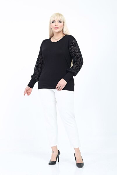 modayız Μαύρη Μπλούζα με Διαφανή Πουά Μανίκια από Τούλι σε Μεγάλο Μέγεθος 5B-...