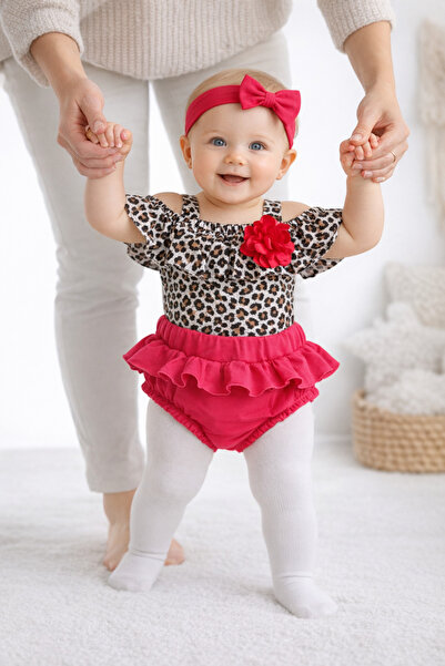 Momivi Kids طقم رومبير وشورت بناتي مزين بنقشة الفهد مع باندانا، طقم من 3 قطع