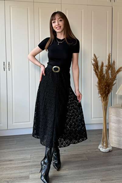 Dilay Gökoğlu Butik Δαντελένια μαύρη φούστα με ελαστική μέση