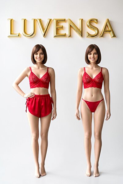 Luvensa Kırmızı Dantelli Saten 3'lü Pijama Takımı (Sütyen & Şort & Tanga)