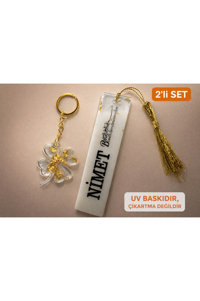 LMS GİFT Kişiye Özel 2’li Hediyelik Set Epoksi Kitap Ayracı ve Yonca Anahtarl...