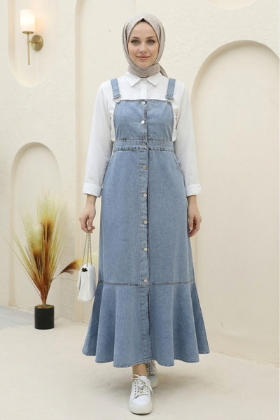 FERHEL Women's Buttoned Skirt with Ruffles and Gilet Dress - Ice Blue