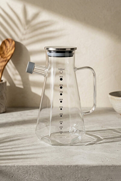 Poomy 1 Lt Metal Kapaklı Vakumlu Cam Yağdanlık Damlatmaz Sızdırmaz 1000 ml