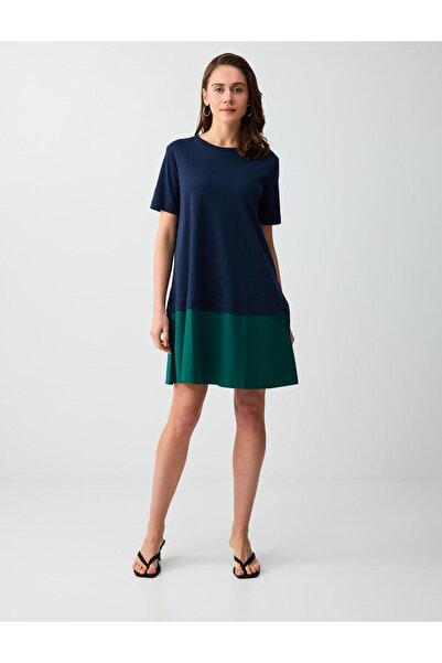 Navy Blue 100% Cotton Crew Neck Mini Dress with Color Block